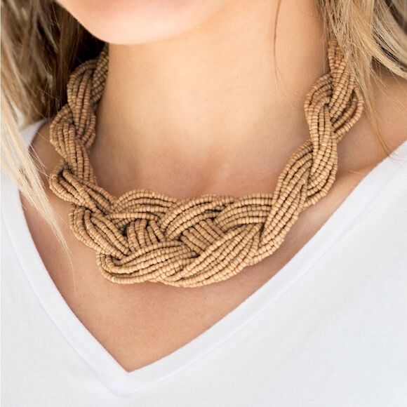 Set!! Tan seed bead knot short necklace - Picture 1 of 3